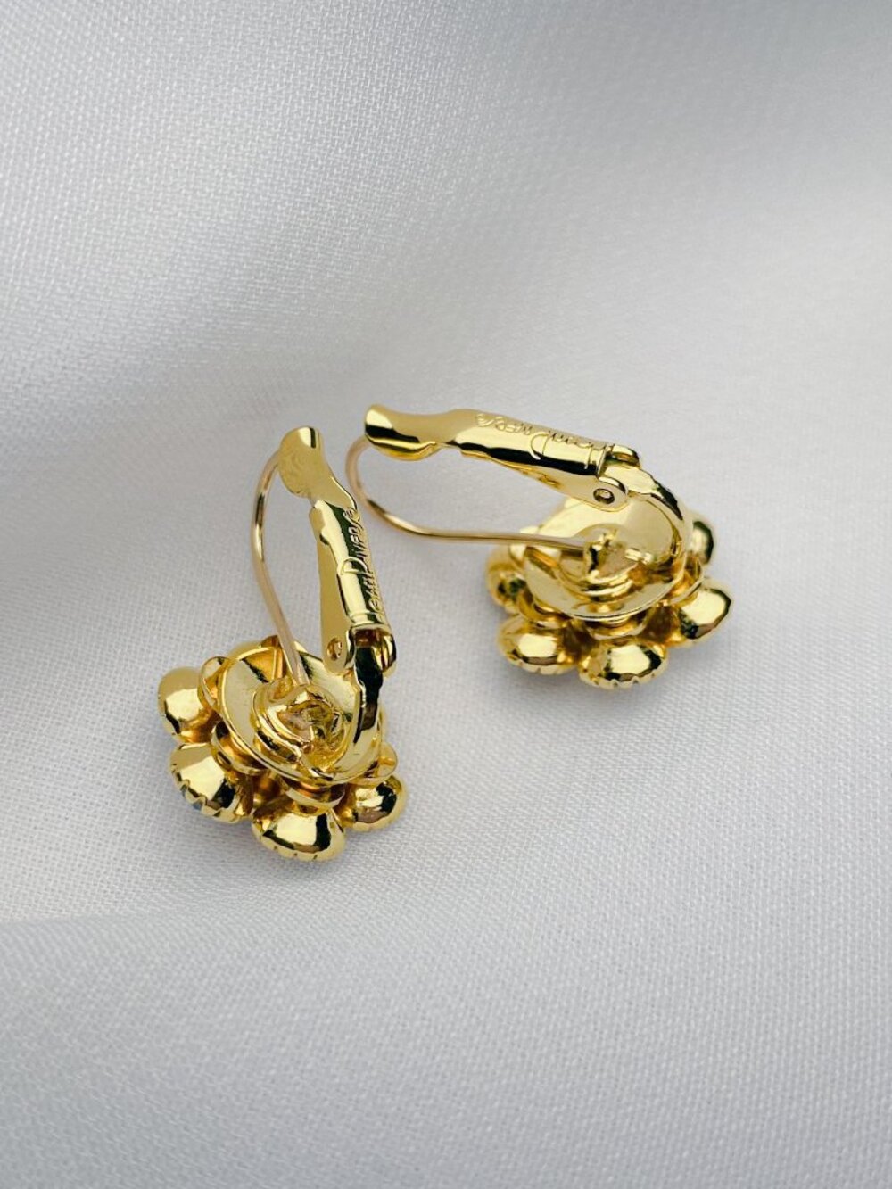 Vintage Joan Rivers Crystal Jewel Flowers Blue Pink Gold Leverback Earrings - Picture 6 of 11